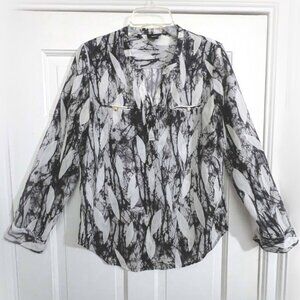 semi-sheer black and white patterned long-sleeved blouse S